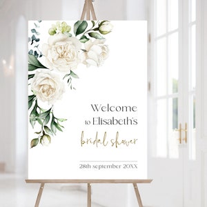 Letrero de bienvenida para despedida de soltera con rosas blancas, letrero de despedida de soltera imprimible en color marfil, plantilla editable para póster de despedida de soltera con flores SAINT LE280