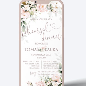 Plantilla de invitación electrónica para cena de ensayo en rosa ruborizado Invitación digital para cena de ensayo en rosa suave Bloom Flores blancas Rosa / LE270