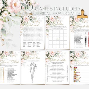 Plantilla de juegos para despedida de soltera BLUSH PINK, juegos para despedida de soltera con rosas rosas para imprimir, paquete de juegos editables para despedida de soltera