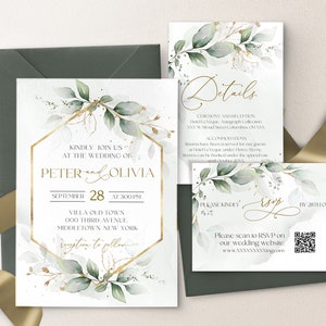 May include: Wedding invitation with gold and green foliage design. The invitation reads "Kindly join us at the wedding of Peter and Olivia" with the date and time of the wedding. The invitation also includes the location of the wedding and reception.