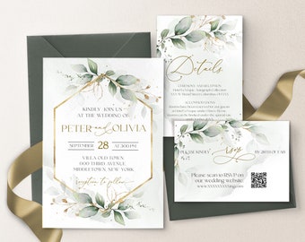 Modern Eucalyptus Wedding Invitation Bundle Template | Greenery Gold Design Bundle | QR code Rsvp Eucalyptus Invite suite | GRACE