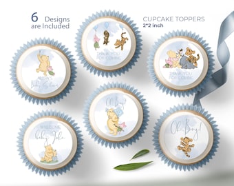 Winnie the Pooh Baby Shower Cupcake Toppers Template, Blue Baby Shower Cupcake Topper Download Printable Boy Light blue Baby Tag