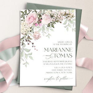 TEA ROSE Hochzeitseinladung Vorlage | Blush rosa Blumen druckbare Hochzeit einladen, bearbeitbare Garten Rose lädt für Hochzeit DIY ein | LE200