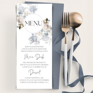 Szablon menu weselnego Dusty Blue i karty z podziękowaniami | Karta menu weselnego Desert | Wydrukowane menu weselne | Karta menu kolacji SKY | LE100