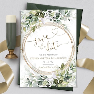 Sage Grün Save the Date mit Herz | Save the Date Druckbare Grün | Bearbeitbare Eukalyptus Save Our Date Karte | Vorlage HERZ | LE170
