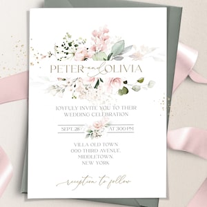 Sjabloon bruiloft uitnodiging blush roze | Afdrukbare bloemenhuwelijksuitnodiging | Bewerkbare roze bloemen bruiloft uitnodigingen | ROSIE LE350