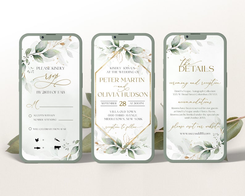 Ensemble d'invitations numériques pour mariage de verdure Faire-part de mariage vert or eucalyptus Invitation électronique de mariage de verdure modèle GRÂCE image 6