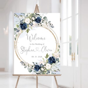 Navy Blue and Gold Wedding Welcome Sign Template (Printable, Editable, Customizable Sizes)