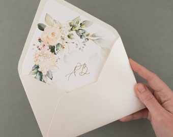 Enveloppe de mariage imprimée beige, enveloppe fleur rose pâle pour faire-part, doublure d'enveloppe fait main, doublure florale d'enveloppe de mariage