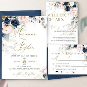 Blush Pink Blue Navy Wedding Invitation Bundle Template Printable Royal Blue Wedding Invite Suite Editable Pink Wedding invite Set Harper