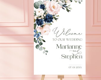 Modèle de plaque de bienvenue pour mariage bleu marine | Poster de bienvenue éditable rose blush | Panneau de bienvenue floral imprimable pour mariage | HARPER