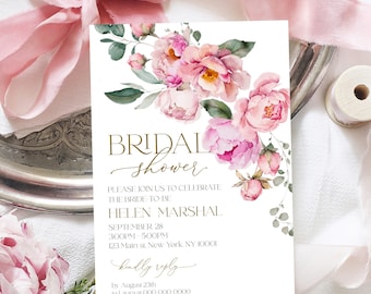 Bloom PEONY Bridal Shower Invitation Template | Printable Pink Bridal Shower Invit | Peonies invite for Bridal Shower