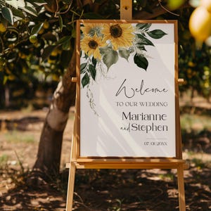 Modello di cartello di benvenuto per matrimonio con girasoli, poster di benvenuto rustico autunnale stampabile, cartello per matrimonio con fiori gialli estivi, modello di cartello per matrimonio