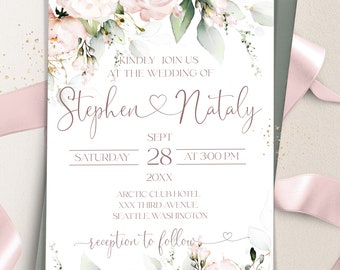 Wedding Invitation Template | Printable Soft Pink Wedding Invite | Editable Blush Pink Wedding invites | ROSE