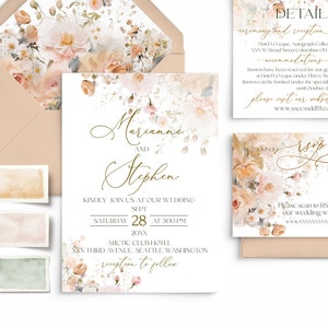 Peach Fuzz Flowers druckbare Hochzeitseinladung mit Rsvp-Vorlage, Apricot-Thema mit QR-Code-Antwort | Aquarell Boho Einladungsset