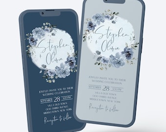 Dusty Blue Floral Wedding Invitation Template: Elegant Mobile Invite