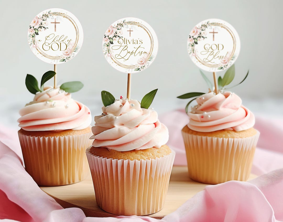 Baptism Cupcake Toppers Template, 1st Birthday Blush Pink Cupcake ...