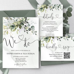 Eucalyptus Wedding Invitation Bundle QR code Template | Printable Greenery Wedding Invite | Editable Wedding invites Set DIY HEART | LE170
