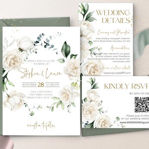 Ivoor bruiloft uitnodiging suite sjabloon, romige bruiloft uitnodiging RSVP, RSVP QR-code witte uitnodigingsset SAINT LE280