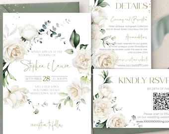 Ivory Floral Wedding Invitation Suite Template with RSVP & QR Code