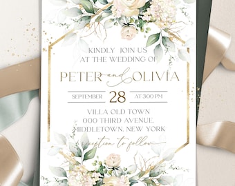 May include: Wedding invitation with a gold geometric frame and floral design. The text reads "Kindly join us at the wedding of Peter and Olivia, September 28 at 3:00 PM, Villa Old Town, 000 Third Avenue, Middletown, New York, reception to follow."