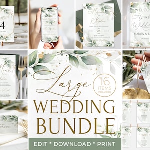 Sage Wedding Invitation MEGA Bundle Template, Greenery Gold Wedding Bundle, Eucalyptus Printable  Wedding Set, Editable Template Grace LE220