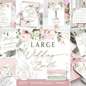 May include: A large wedding bundle with 16 printable items, featuring a watercolour floral design with pink and green flowers. The bundle includes invitations, save the dates, table numbers, a seating chart, and thank you cards. The text "LARGE WEDDING BUNDLE" is written in gold script.