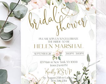 May include: A floral bridal shower invitation with a gold script font. The invitation features a watercolor design with pink and white flowers and green leaves. The text reads "bridal shower" and includes the bride-to-be's name, date, time, and location. It also includes the RSVP information.