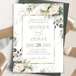CREMIGE Blumen Hochzeitseinladungs-Vorlage | Druckbare Blumen Hochzeit einladen | Bearbeitbare weiße Blumen Hochzeit Einladen | MIA | LE150