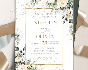 CREAMY Blumen Hochzeitseinladungsvorlage | Druckbare Hochzeitseinladung mit Blumenmuster | Bearbeitbare Hochzeitseinladung mit weißen Blumen | MIA | LE150