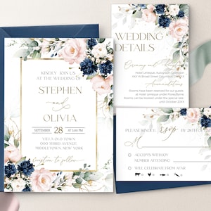 Blush rosa blau marine Hochzeitseinladung Bundle Vorlage druckbare Royal Blau Hochzeit einladen Set bearbeitbar rosa Hochzeitseinladung Set Harper