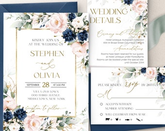 May include: Wedding invitation with a floral design in shades of pink, blue, and green. The invitation features the names Stephen and Olivia, the date September 28th, and the time 3:00 PM. The invitation also includes the location, Villa Old Town, 000 Third Avenue, Middletown, New York. The invitation states "Reception to follow".