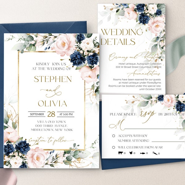 Blush Pink & Navy Floral Wedding Invitation Suite (Printable Template) Harper