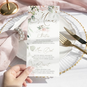 Plantilla de menú en rosa ruborizado / Tarjeta de menú imprimible con flores en rosa suave / Menú de boda moderno / Plantilla de menú de cena / Pruébelo antes de comprarlo / ROSIE LE350