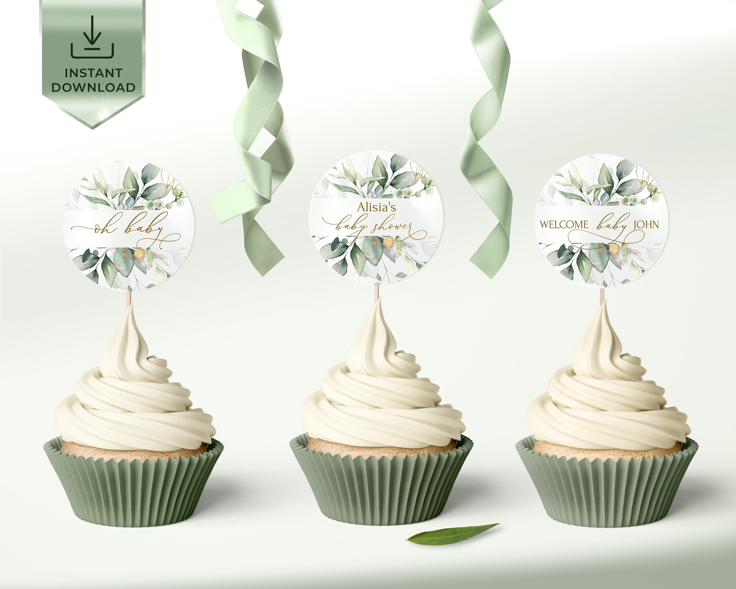 Greenery Cupcake Toppers Template, Printable Greenery Gold Cupcake ...