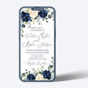 Navy Blue Wedding Invitation Template | Blue Digital Wedding Invite | Royal Blue Electronic Invite | Floral Wedding Invitation | OTTO LE300