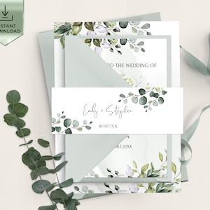 Banda para el ombligo minimalista / Banda para el ombligo de eucalipto imprimible para invitaciones de boda / Banda para el ombligo de boda moderna editable para invitaciones / EVA BP100