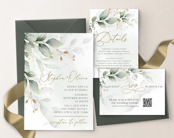 Luxurious Green & Gold Wedding Invitation Suite – Elegant Digital Template with QR Code RSVP | Sage Green Wedding Invite | GRACE