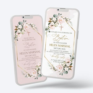 Blush Pink Baptism Digital Invitation Template, Baptism iPhone Invite Download, Editable Soft Pink Baptism Online Sms invite | ROSE