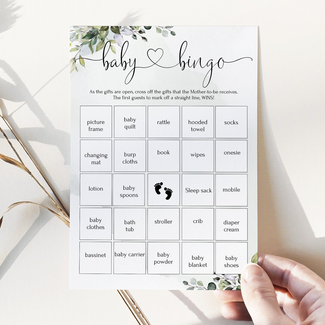 Baby Shower Bingo Game Template, Greenery Baby Printable Bingo Cards ...