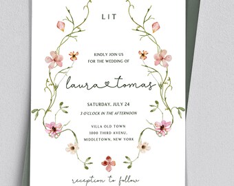 Bloom WildFlower Wedding Invitation Template | Pink Floral Wreath Wedding Invite | Editable invite | Monogram Wedding Invite | Floral Wreath