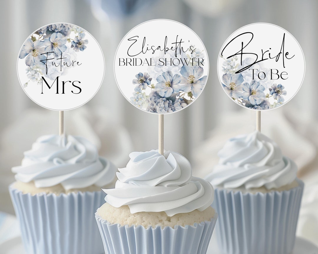 Blue Bridal Shower Cupcake Toppers Template, Printable Flowers Bridal ...