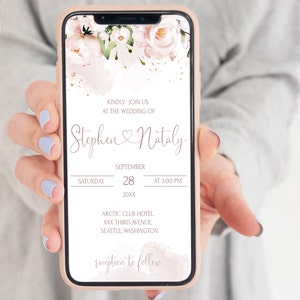 Blush Rosa elektronische Hochzeitseinladungsvorlage, Digitale Hochzeitseinladung mit Zartrosa Hochzeit, bearbeitbares Handy laden Smartphone Textmitteilung ROSE LE270 ein