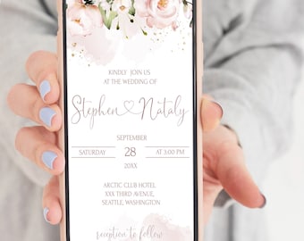 ROSE - Modello di invito a nozze elettronico, invito a nozze per iPhone con fiori rosa tenui, invito mobile modificabile rosa cipria, SMS per smartphone