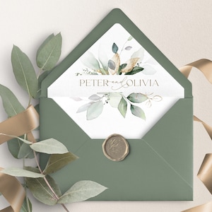 Green & Gold Eucalyptus Envelope Liner Template DIY | Printable Luxury Wedding Envelope Liner | Charming Wedding liner | ISABELLA