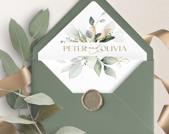Green & Gold Eucalyptus Wedding Envelope Liner Template (DIY Printable)
