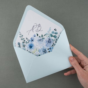 Blue Printed Wedding Envelope, Blue Envelope For Invitation, Handmade Envelope Blue flowers Liner, Wedding Envelope Dusty Blue Liner