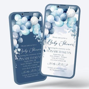 Modello di invito digitale per baby shower con palloncini blu, invito elettronico per baby shower blu per ragazzi, download immediato