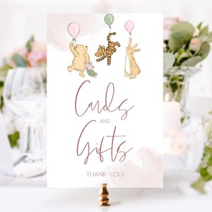 Cartes et cadeaux Winnie l'ourson pour baby shower, enseigne cadeau rose pour table, cartes roses pour baby shower, enseigne PDF imprimable
