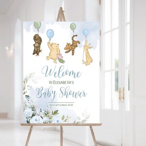 Blau Winnie Pooh Babyparty Willkommensschild | Babyparty-Dekoration, blaues Bären-Poster, Winnie Pooh Babyparty-Dekoration PF200
